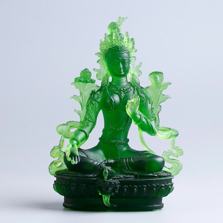 Buddha Stones Bodhisattva Tara verte Pièce d'art en cristal Liuli faite à la main Protection Maison Bureau Statue Décoration - 16 x 9,5 x 22 cm - Tara Verte - image 14