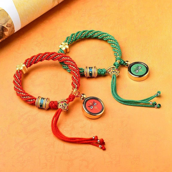 Bracelet en corde tissée avec breloque en forme de fleur et roue de prière en Buddha Stones faites à la main avec cinq dieux de la richesse et de la chance