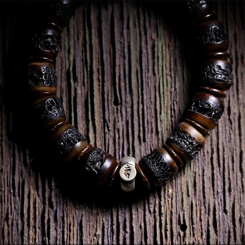 Bracelet de force en os de yak tibétain fait main en argent sterling 925 avec Buddha Stones et signe du zodiaque chinois