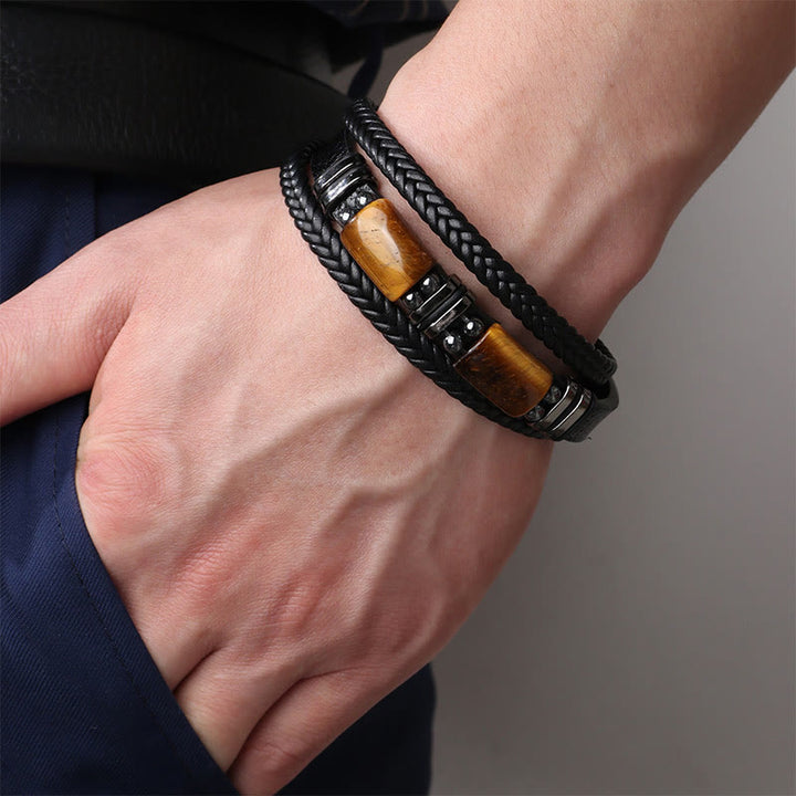 Bracelet en cuir multicouche avec boucle magnétique et Buddha Stones œil de tigre