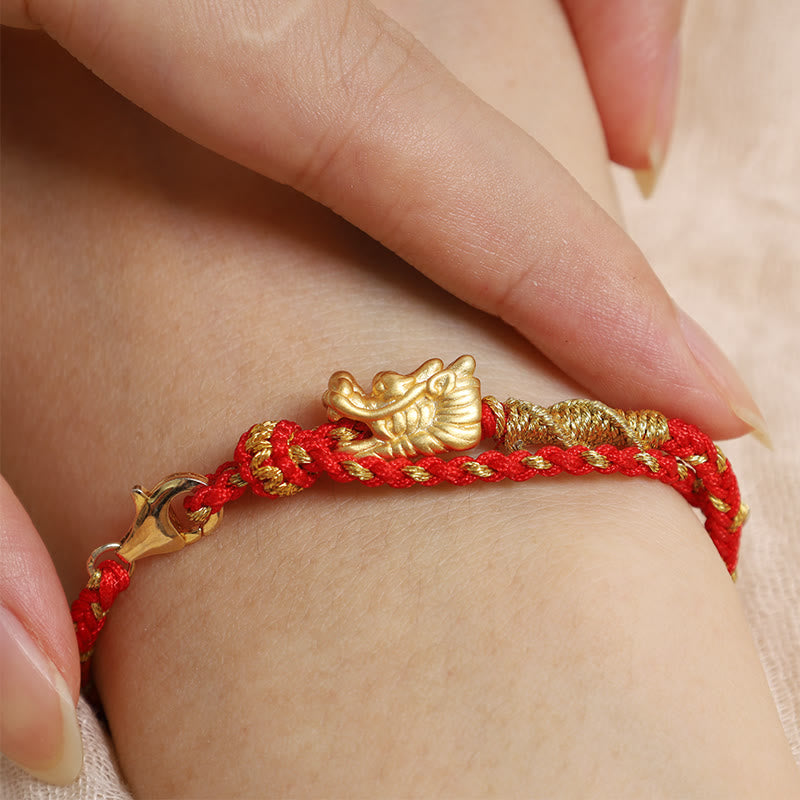 Bracelet tressé en fil rouge à huit fils en argent sterling 999 de Buddha Stones, fabriqué à la main, avec dragon porte-bonheur