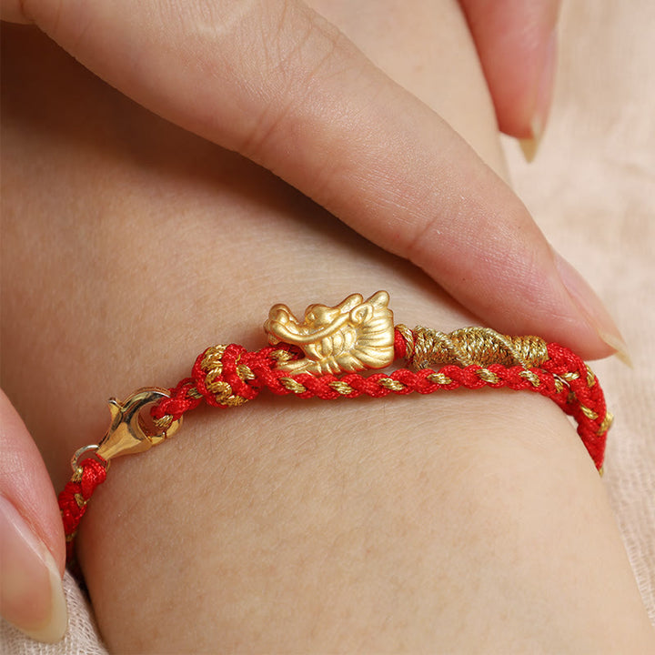 Bracelet tressé en fil rouge à huit fils en argent sterling 999 de Buddha Stones, fabriqué à la main, avec dragon porte-bonheur