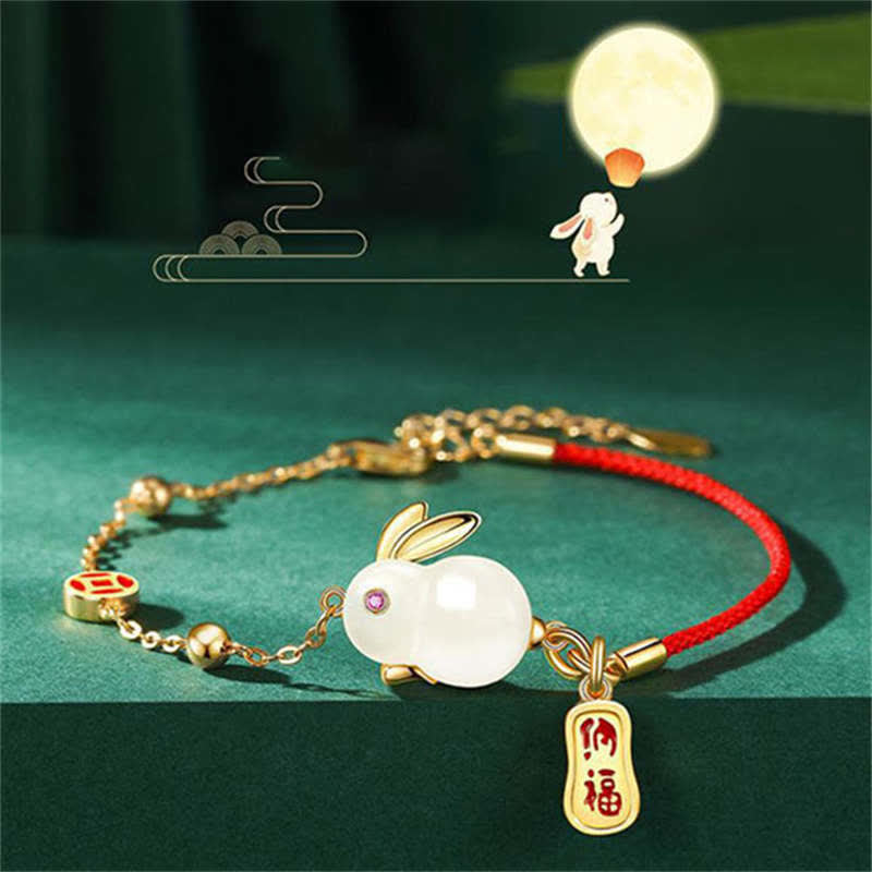 Bracelet en chaîne rouge en jade blanc et pierres de Buddha Stones Année du lapin