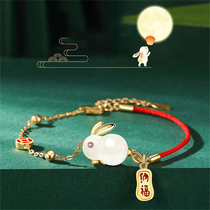 Bracelet en chaîne rouge en jade blanc et pierres de Buddha Stones Année du lapin