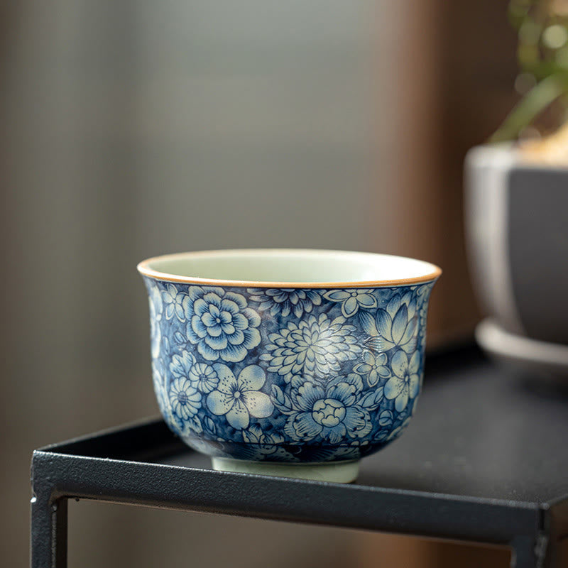 Buddha Stones Vintage Lotus Pivoine Fleur de Prunier Chrysanthème Tasse à Thé en Céramique Tasses à Thé