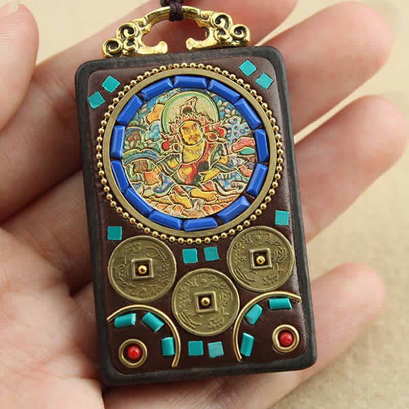 Collier pendentif en ébène Thangka Buddha Stones Tibet Dieu de la richesse