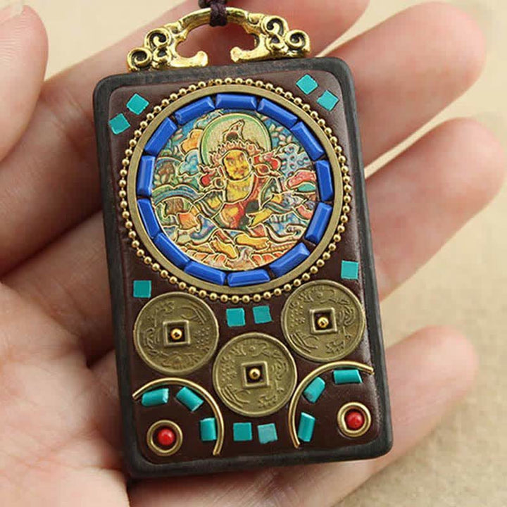 Collier pendentif en ébène Thangka Buddha Stones Tibet Dieu de la richesse