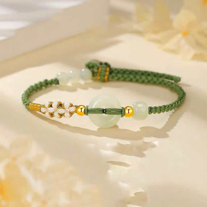 Bracelet tressé en jade Hetian Buddha Stones et boucle de paix porte-bonheur en fleur de pêcher