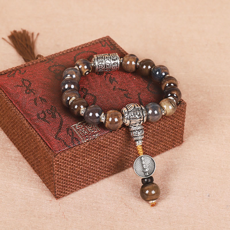 Bracelet de sagesse en perles de verre gravées Buddha Stones et roue de prières tibétaines Om Mani Padme Hum Dorje Vajra
