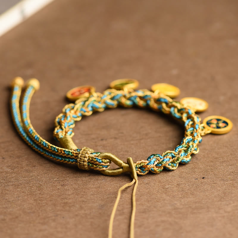Bracelet en corde tressée fait main avec Buddha Stones tibétaines représentant les cinq dieux de la richesse et de la chance