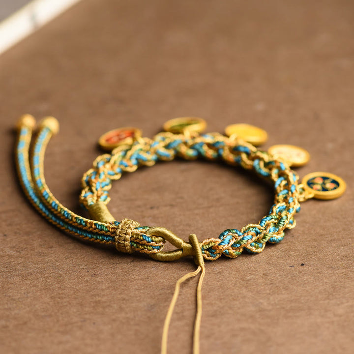 Bracelet en corde tressée fait main avec Buddha Stones tibétaines représentant les cinq dieux de la richesse et de la chance