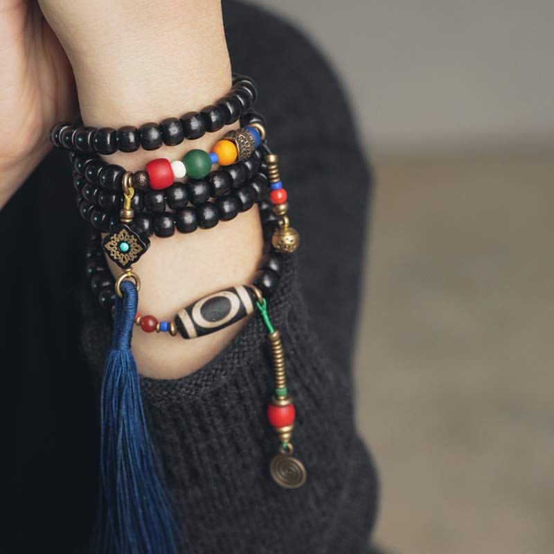 Buddha Stones Mala 108 perles en bois d'ébène et perles Dzi en cuivre avec pampilles et équilibre