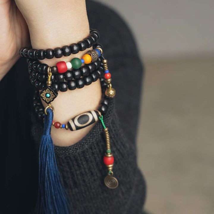 Buddha Stones Mala 108 perles en bois d'ébène et perles Dzi en cuivre avec pampilles et équilibre