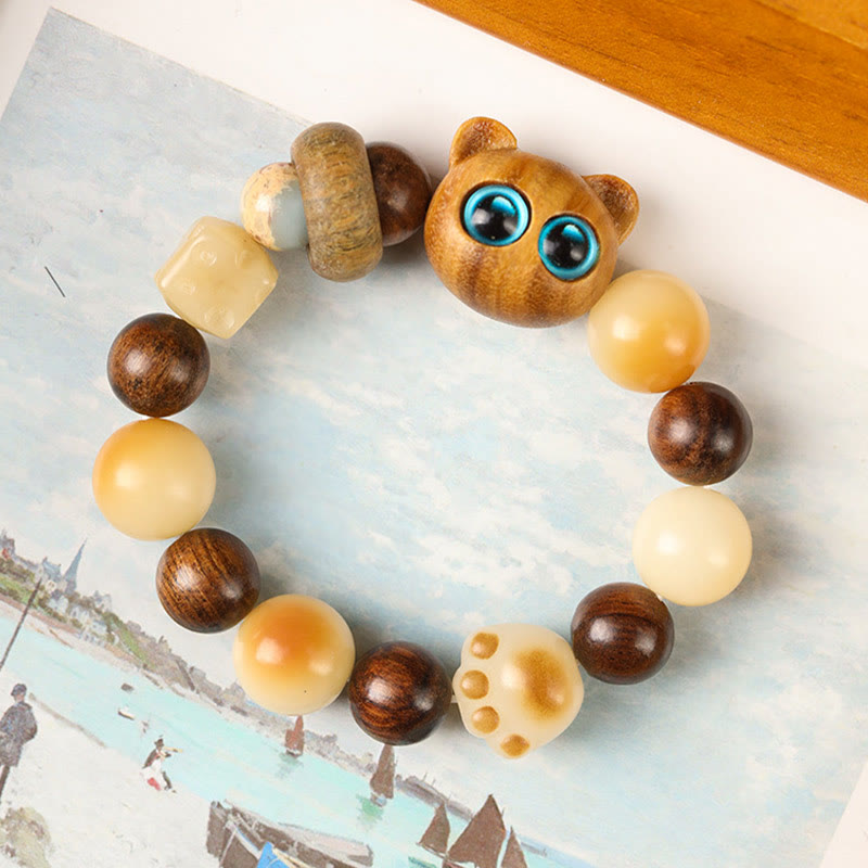 Bracelet porte-bonheur en bois de santal avec graines de Bodhi naturelles et Buddha Stones, tête de chat mignon et porte-bonheur, griffe de paix - image 7