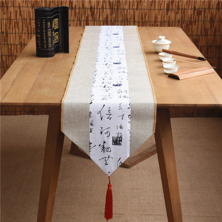 Chemin de table en coton et lin avec pompons, Buddha Stones, style chinois classique, lotus, poisson koï, fleur, grue, calligraphie, illumination