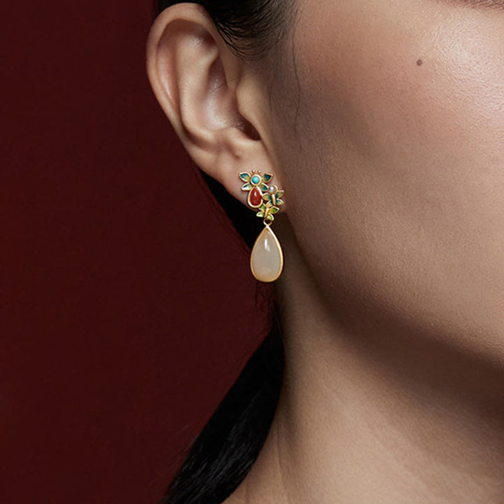 Boucles d'oreilles pendantes en forme de goutte d'eau Buddha Stones, jade blanc, agate rouge, papillon, protection