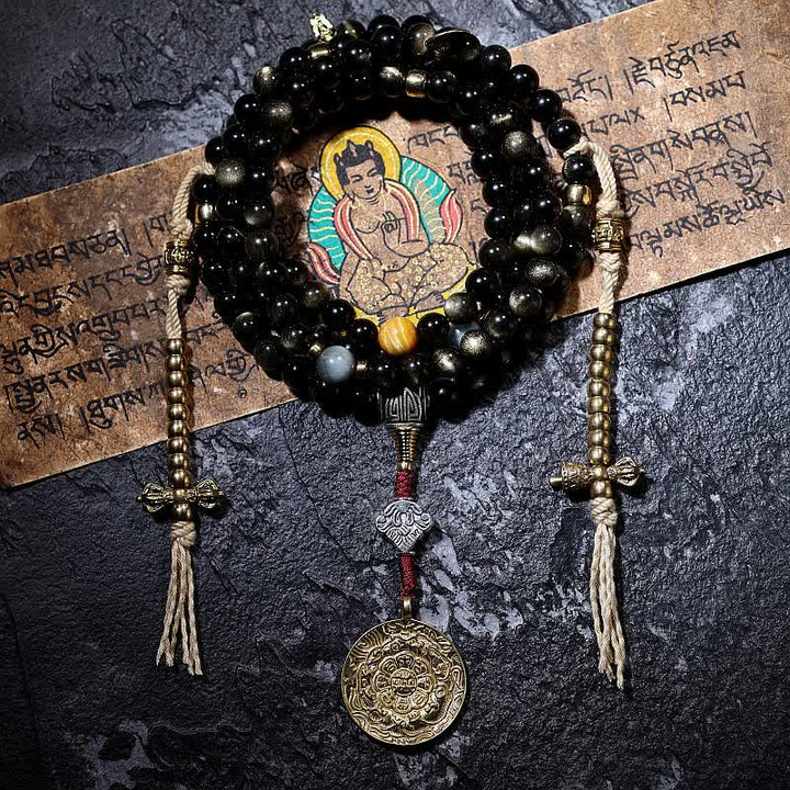 Bracelet de richesse en pierre d'oeil de tigre et d'aigle avec 108 Buddha Stones de Mala en obsidienne dorée brillante
