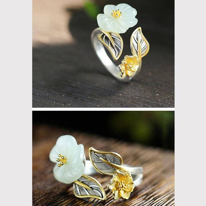 Buddha Stones bonheur en cuivre plaqué argent 925 avec jade blanc et fleur de prunier