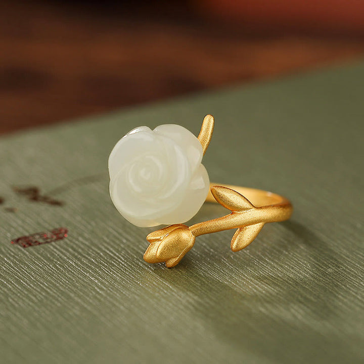 Buddha Stones 925 Argent Sterling Plaqué Or Fleur de Rose Hetian Jade Blanc Bague du Bonheur