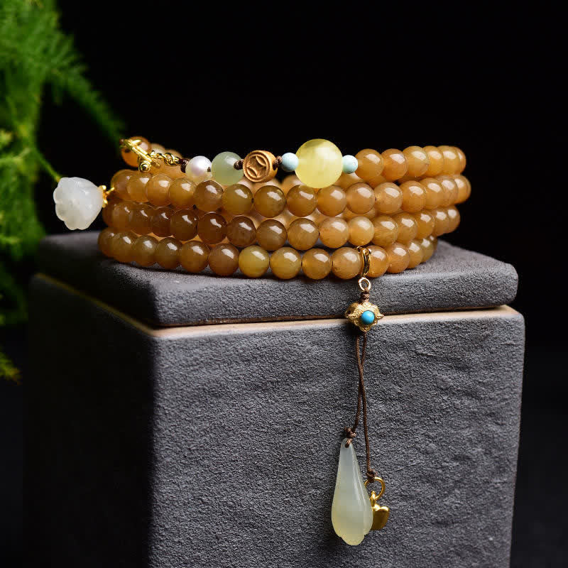 Bracelet de réussite en jade blanc et perles de lotus, topaze naturelle de Hetian, ambre et lotus
