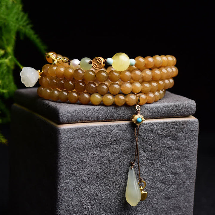 Bracelet de réussite en jade blanc et perles de lotus, topaze naturelle de Hetian, ambre et lotus
