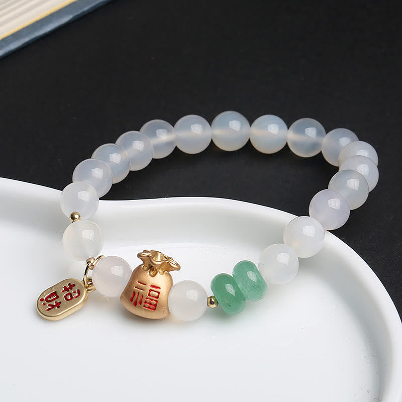Buddha Stones Agate blanche naturelle Agate rouge Sac d'argent Caractère Fu Trèfle à quatre feuilles Bracelet de protection