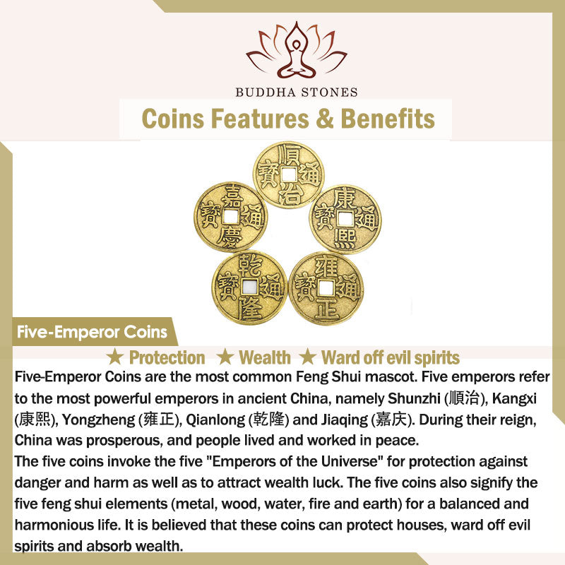 Bracelet Feng Shui en Buddha Stones avec cinq pièces de monnaie de l'empereur et cacahuètes