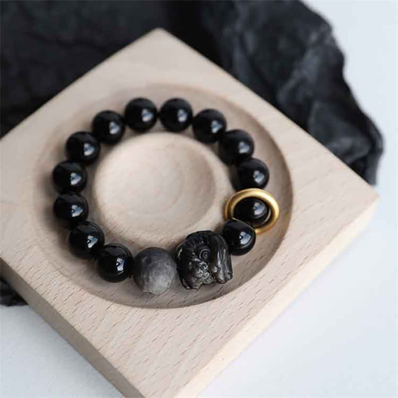 Bracelet Force du Lion en Obsidienne Noire et Argent