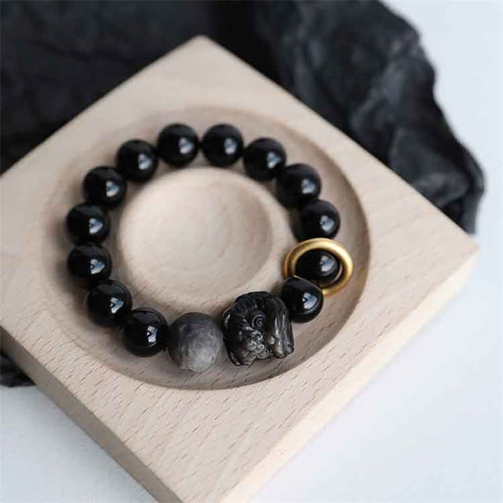 Bracelet Force du Lion en Obsidienne Noire et Argent