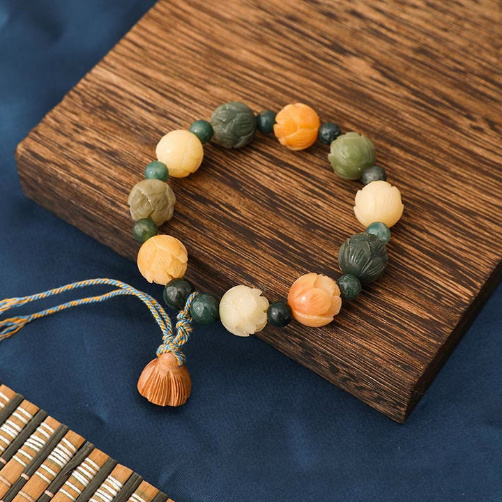 Bracelet Buddha Stones Bodhi Seed Lotus Bead Gravé Moss Agate Peace Calm