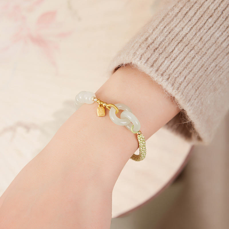 Bracelet tressé en perles de jade Hetian naturelles de Buddha Stones avec boucle de paix double et caractère Fu