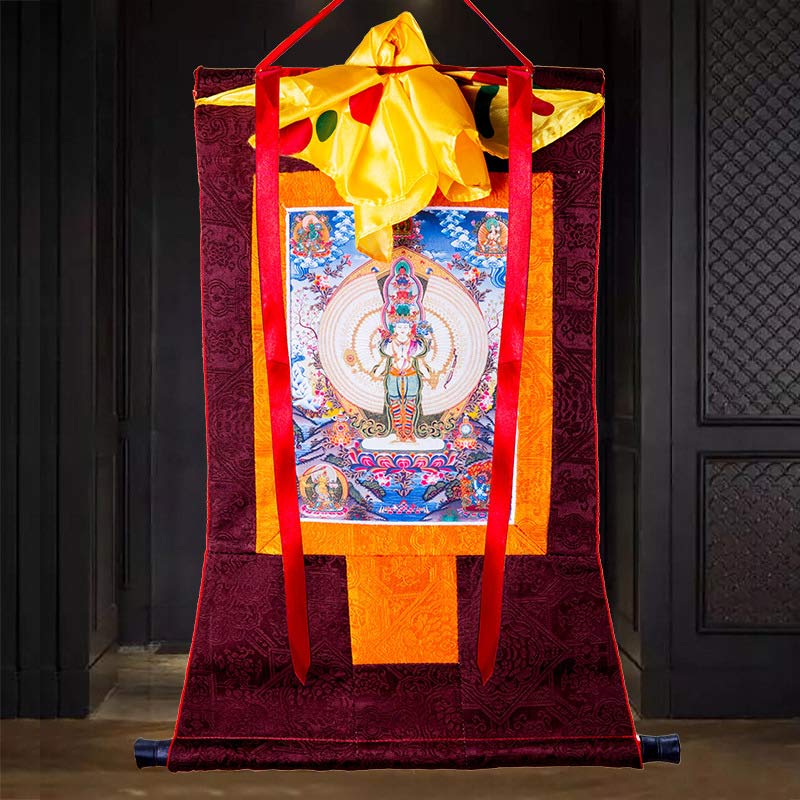 Décoration de bénédiction en forme de Thangka encadrée en Buddha Stones tibétaines à mille mains Avalokitesvara - image 3