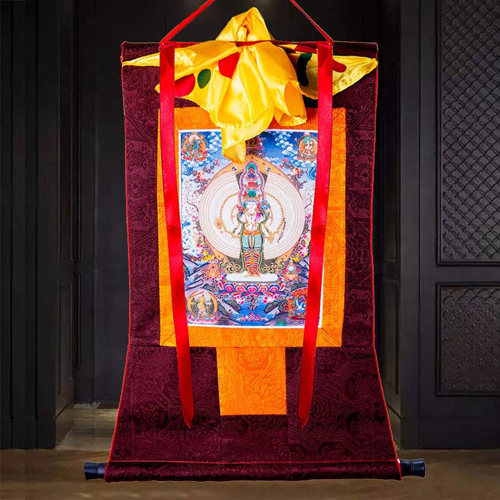 Décoration de bénédiction en forme de Thangka encadrée en Buddha Stones tibétaines à mille mains Avalokitesvara - image 3