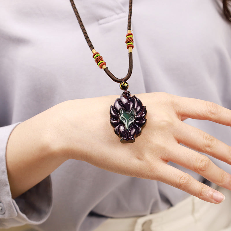 Collier pendentif positif en obsidienne arc-en-ciel naturelle Buddha Stones et obsidienne dorée brillante à neuf queues