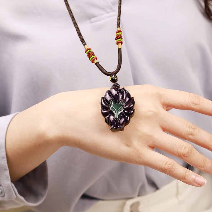 Collier pendentif positif en obsidienne arc-en-ciel naturelle Buddha Stones et obsidienne dorée brillante à neuf queues