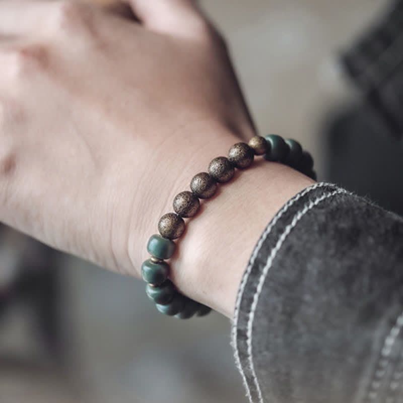 Bracelet tibétain en cuivre avec graines de Bodhi cyan