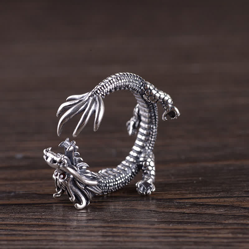Bague de protection porte-bonheur en argent sterling 925 Buddha Stones et dragon