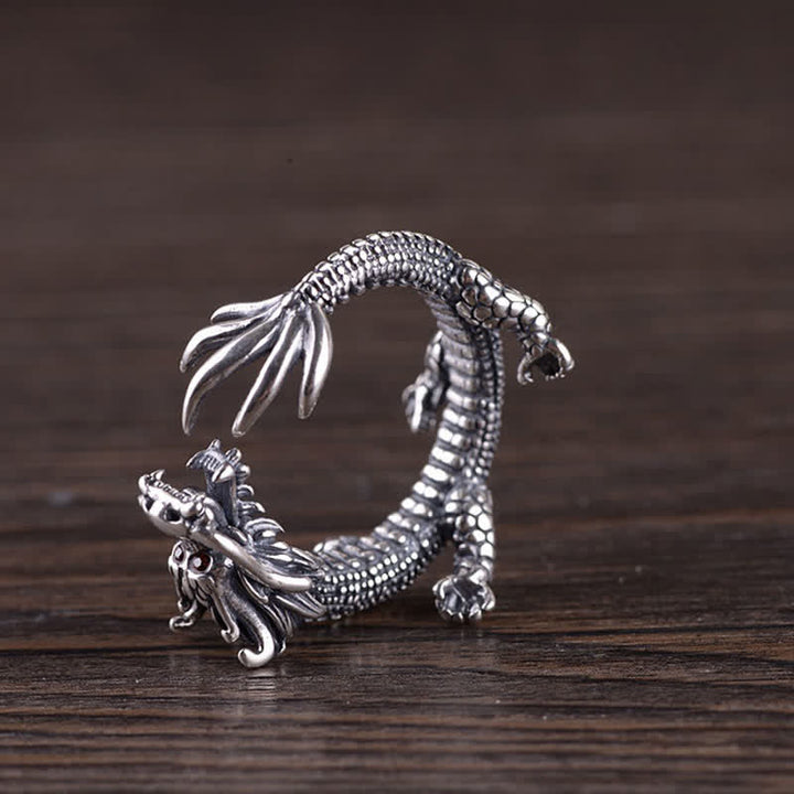 Bague de protection porte-bonheur en argent sterling 925 Buddha Stones et dragon