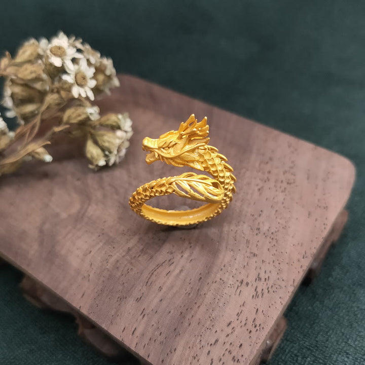 Bague de force et de succès en Buddha Stones avec dragon doré