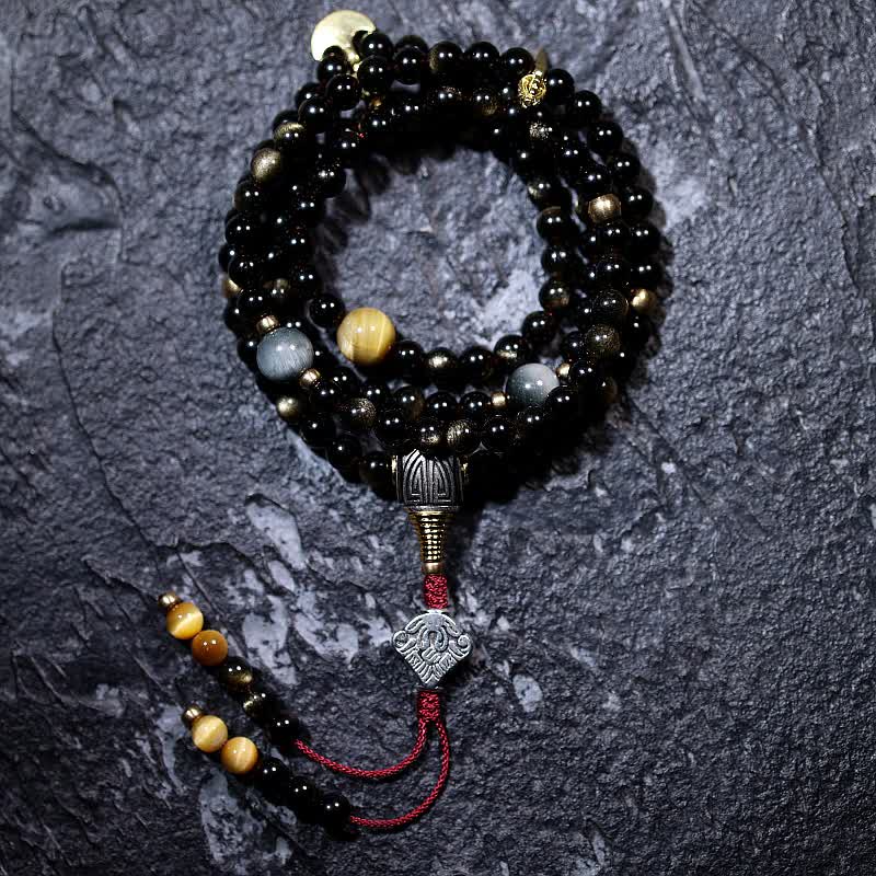 Bracelet de richesse en pierre d'oeil de tigre et d'aigle avec 108 Buddha Stones de Mala en obsidienne dorée brillante