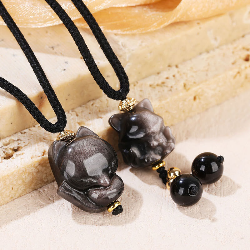 Collier pendentif de protection renard à neuf queues en obsidienne naturelle argentée et brillante de Buddha Stones