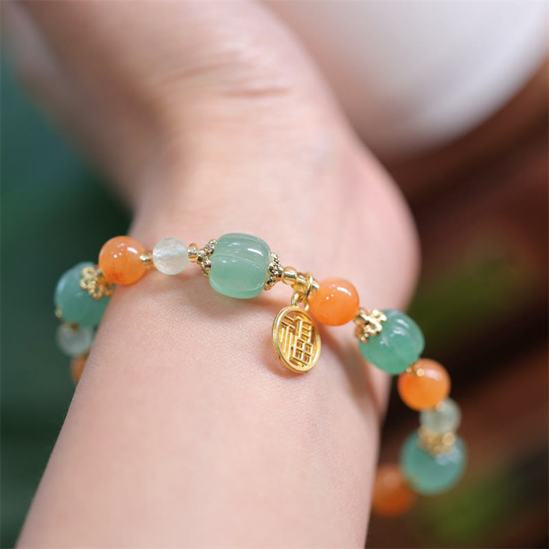 Bracelet de richesse avec breloque en jade et soie Buddha Stones naturelle en forme de citrouille et de caractère Fu