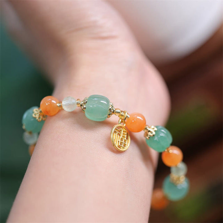 Bracelet de richesse avec breloque en jade et soie Buddha Stones naturelle en forme de citrouille et de caractère Fu