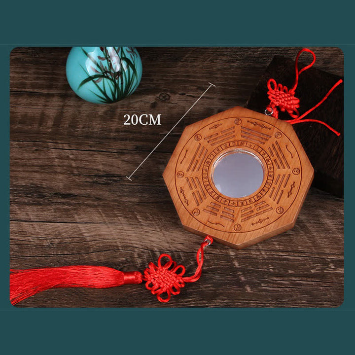 Carte Feng Shui Bagua Pièces de monnaie des cinq empereurs en bois de pêche Nœud chinois Carte énergétique d'équilibre Miroir