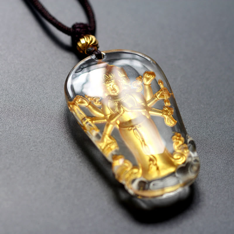 Buddha Stones tibétain à huit bras Avalokitesvara Guanyin Bouddha plaqué or en cristal Liuli