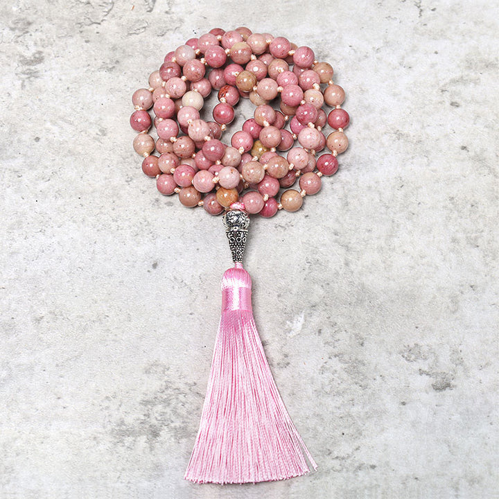 Bracelet de prière de méditation et de yoga en perles de rhodonite de 108 Mala Buddha Stones
