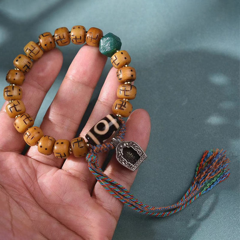 Buddha Stones en os de chameau tibétain naturel, croix gammée Dzi, perle Shankha, breloque de bouddha Kirtimukha, Bracelet à pompon de Protection porte-bonheur