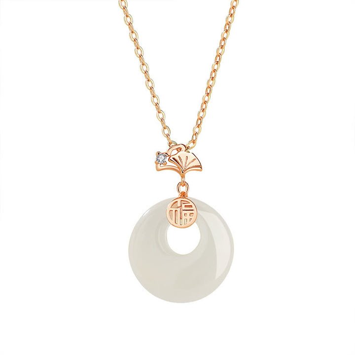 Buddha Stones en argent sterling 925 avec pendentif en forme de feuille de ginkgo, papillon, calcédoine rose, jade Hetian, boucle de paix, caractère Fu, harmonie