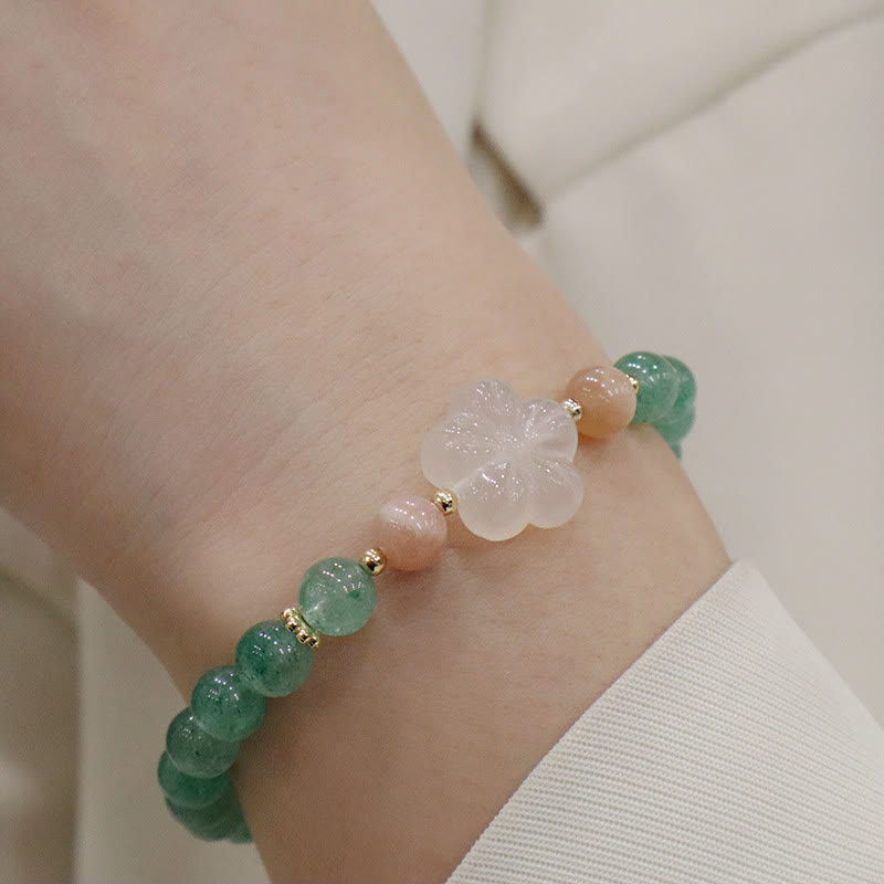 Bracelet de gratitude en Buddha Stones en quartz fraise vert naturel et calcédoine