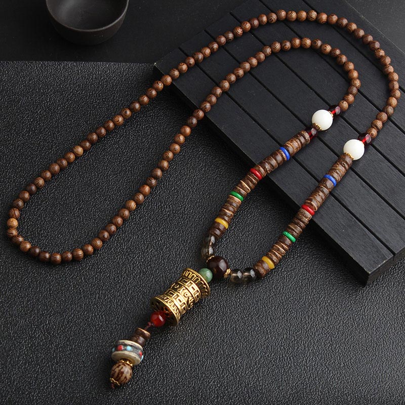 Collier de méditation en bois de wengé Buddha Stones en turquoise et perles Dzi - Roue de prière en or - image 8